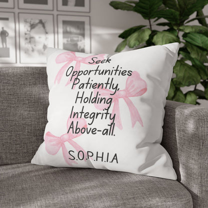 Personalized Initial Quote Pink Bow — Custom Sayings on Square Poly Canvas Pillowcase