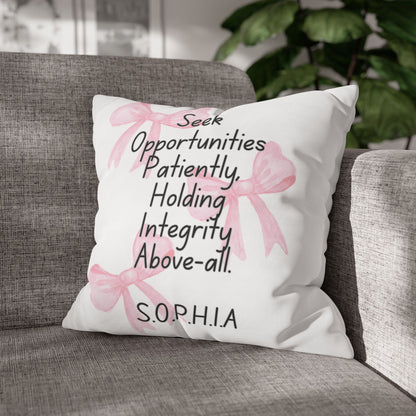Personalized Initial Quote Pink Bow — Custom Sayings on Square Poly Canvas Pillowcase