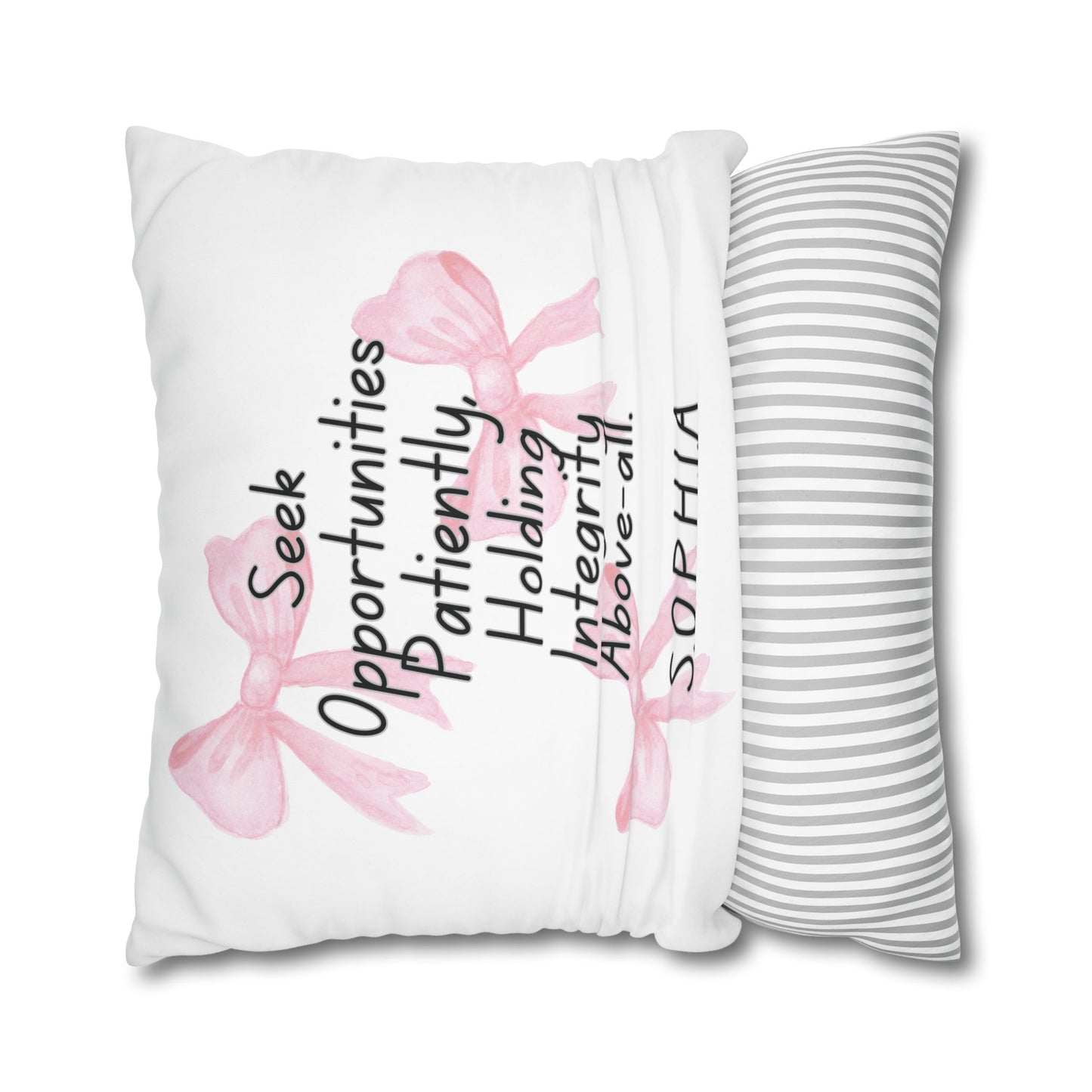 Personalized Initial Quote Pink Bow — Custom Sayings on Square Poly Canvas Pillowcase