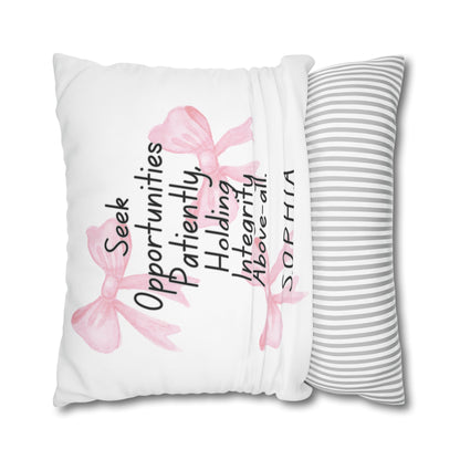Personalized Initial Quote Pink Bow — Custom Sayings on Square Poly Canvas Pillowcase