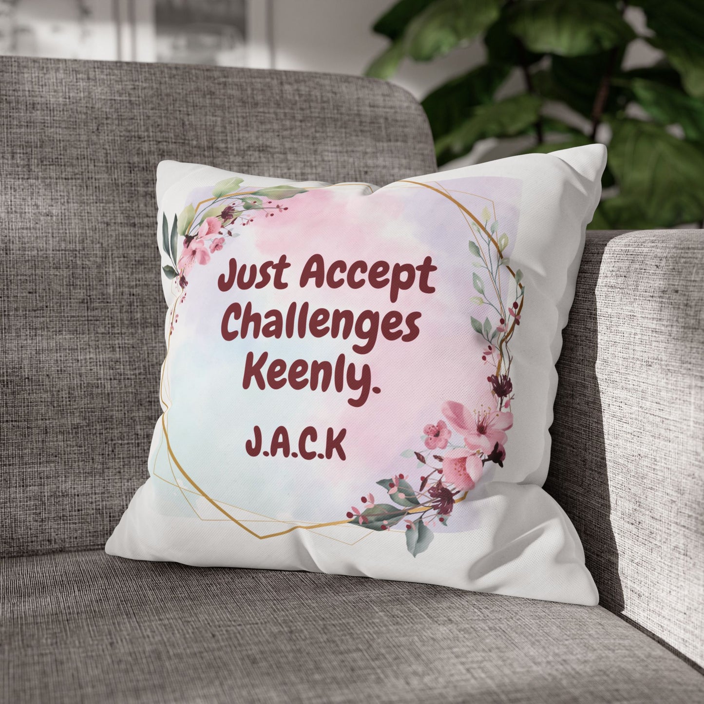 Personalized Initial Quote Floral Frame — Custom Sayings on Square Poly Canvas Pillowcase