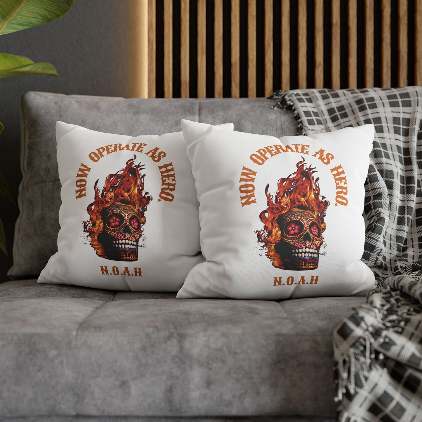 Personalized Initial Quote Fire Skull — Custom Sayings on Square Poly Canvas Pillowcase