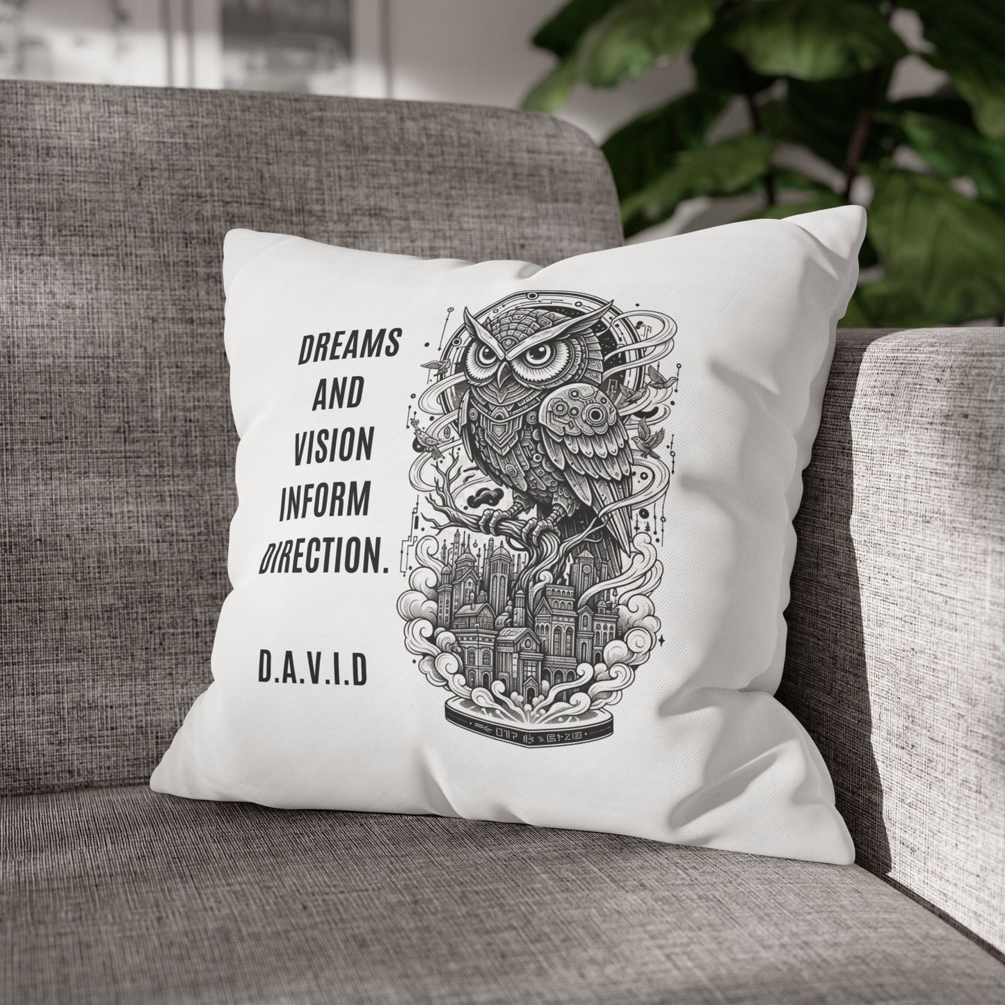 Personalized Initial Quote Owl Vision — Custom Sayings on Square Poly Canvas Pillowcase