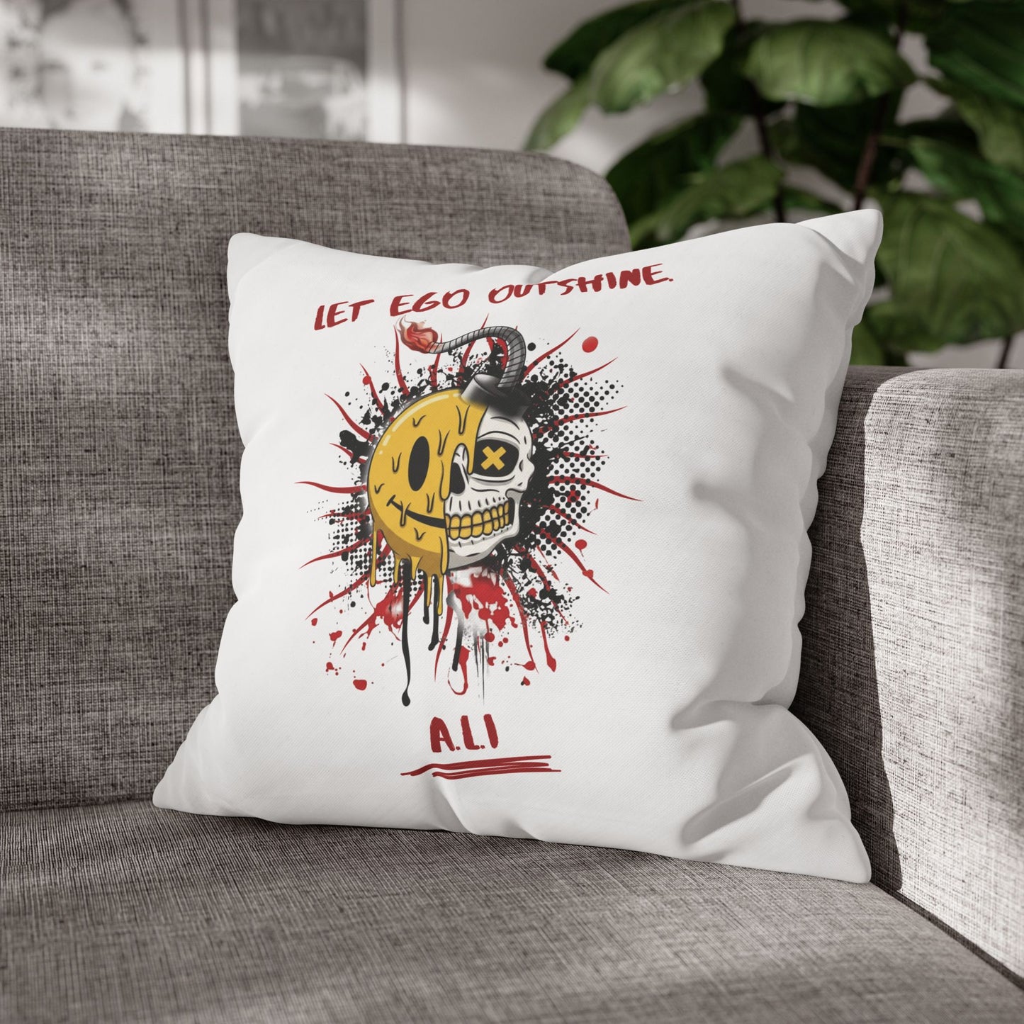 Personalized Initial Quote Smile Split Skull — Custom Sayings on Square Poly Canvas Pillowcase