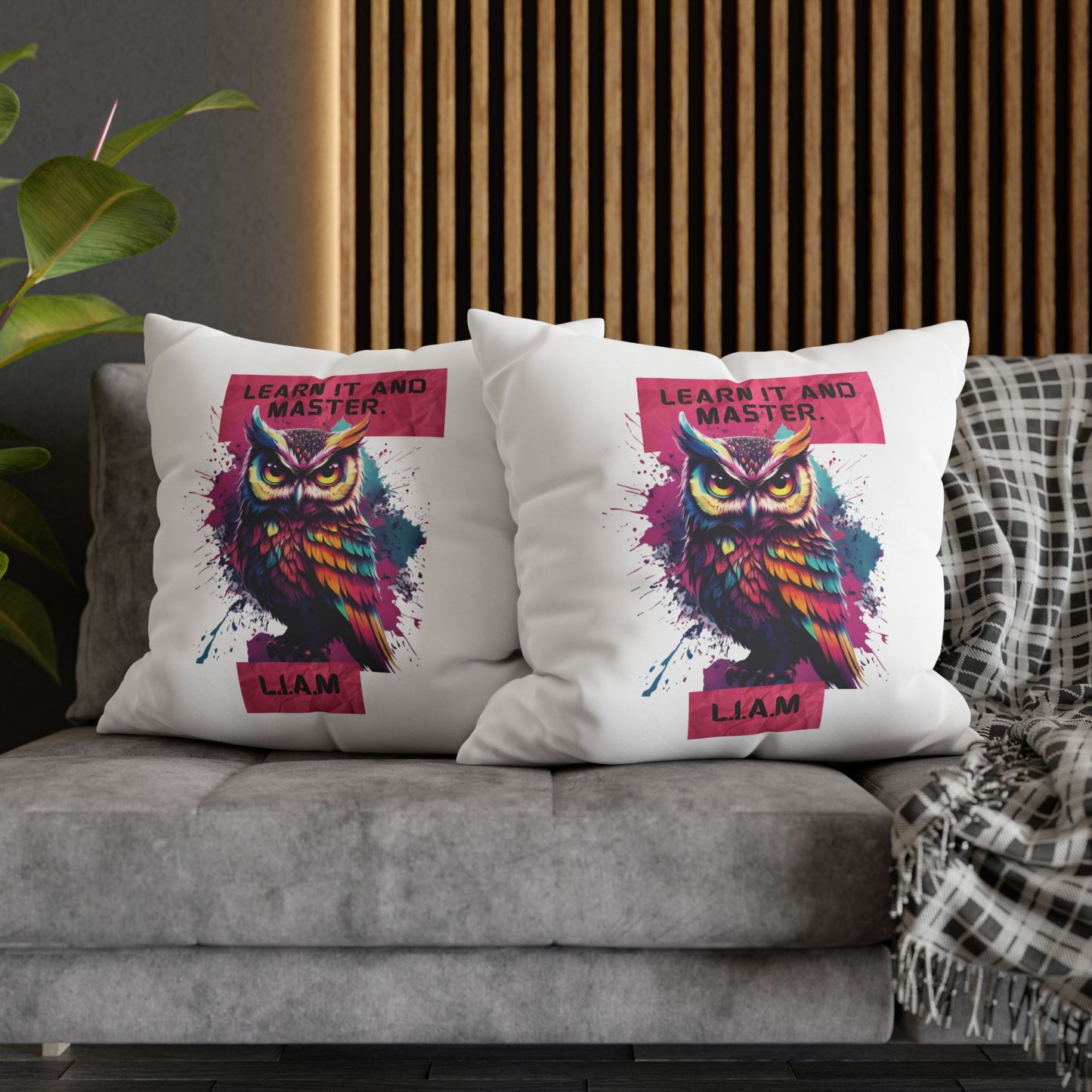 Personalized Initial Quote Owl — Custom Sayings on Square Poly Canvas Pillowcase