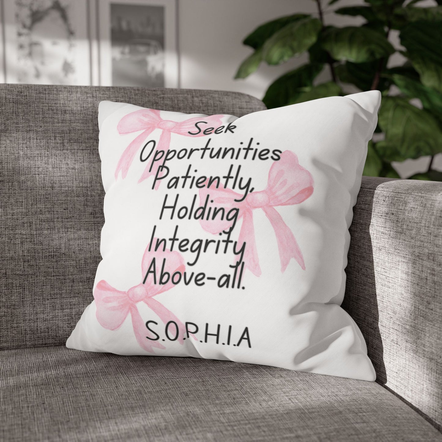 Personalized Initial Quote Pink Bow — Custom Sayings on Square Poly Canvas Pillowcase