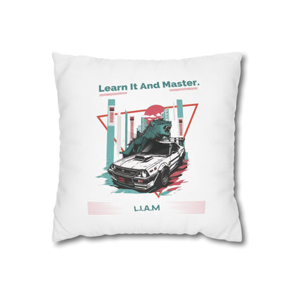 Customized monogrammed pillowcase with personalized quote. High-quality poly canvas square cushion cover, ideal for housewarming, wedding, or anniversary gifts with bespoke text.