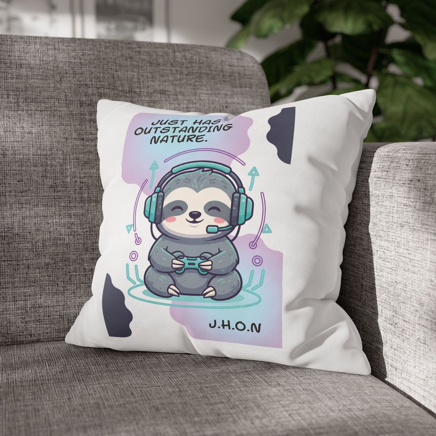 Personalized Initial Quote Sloth Gamer — Custom Sayings on Square Poly Canvas Pillowcase