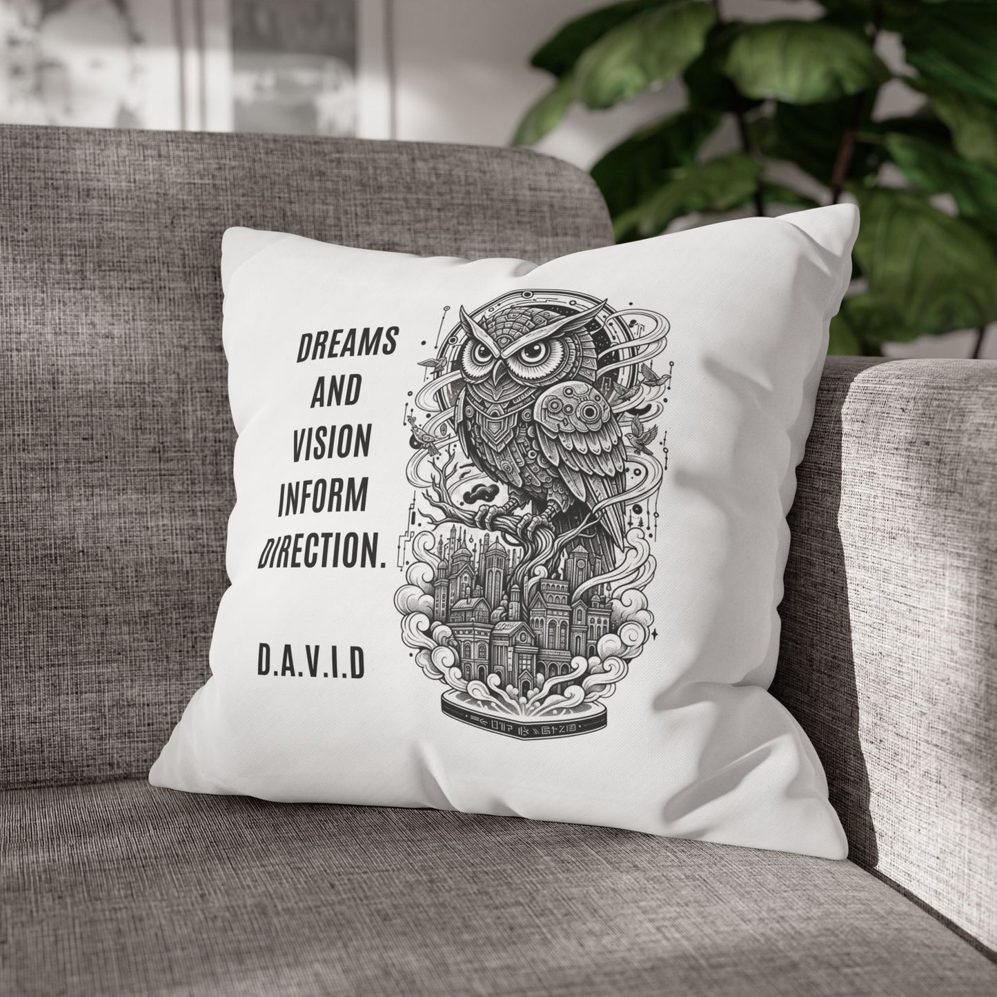 Personalized Initial Quote Owl Vision — Custom Sayings on Square Poly Canvas Pillowcase