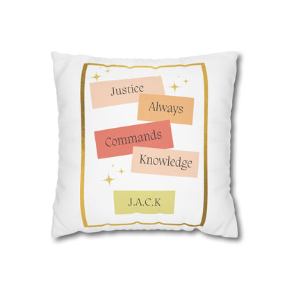 Customized monogrammed pillowcase with personalized quote. High-quality poly canvas square cushion cover, ideal for housewarming, wedding, or anniversary gifts with bespoke text.