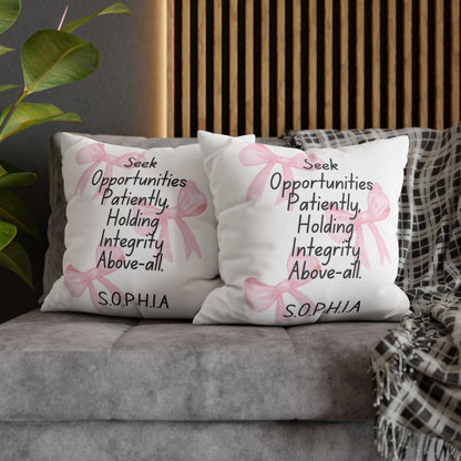 Personalized Initial Quote Pink Bow — Custom Sayings on Square Poly Canvas Pillowcase