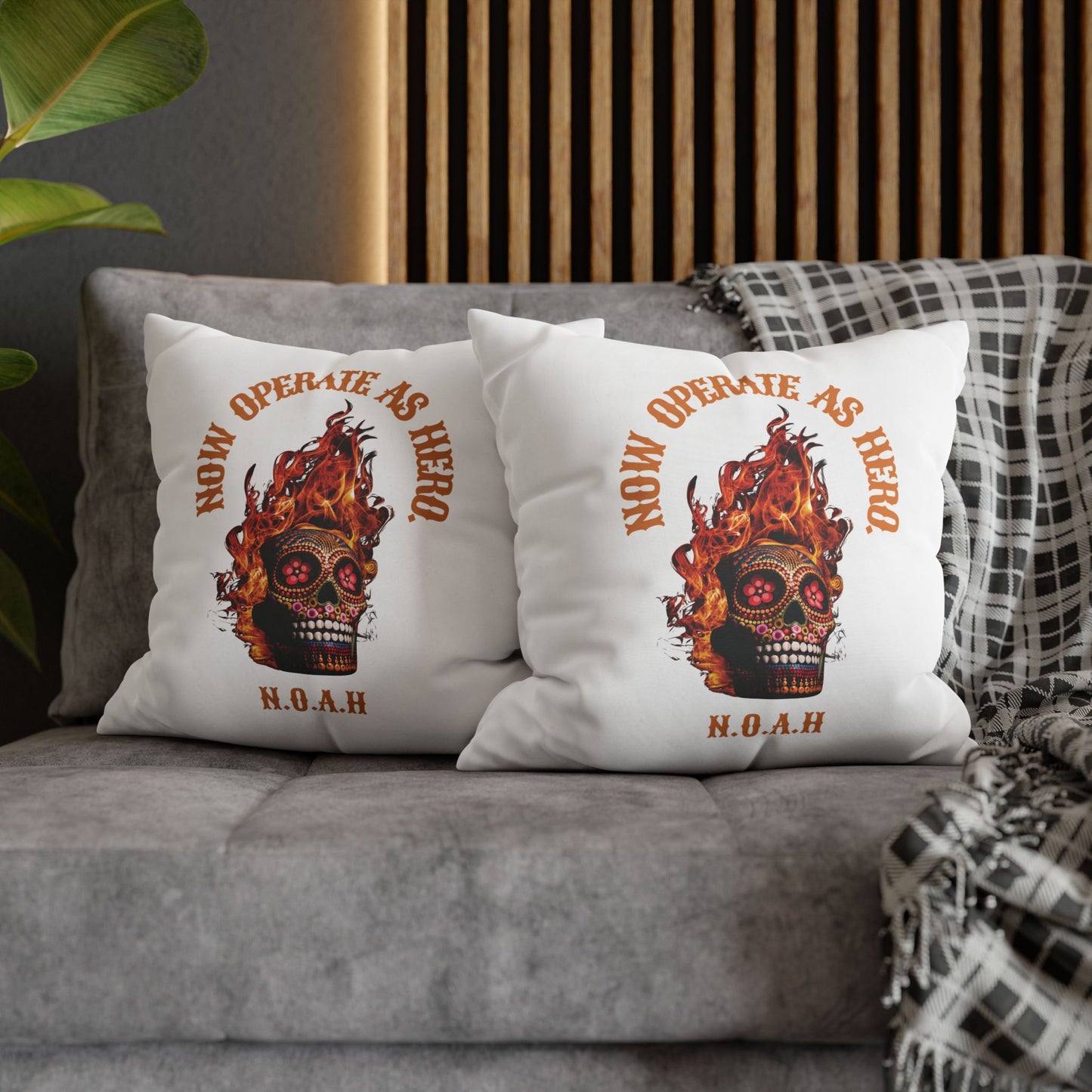 Personalized Initial Quote Fire Skull — Custom Sayings on Square Poly Canvas Pillowcase