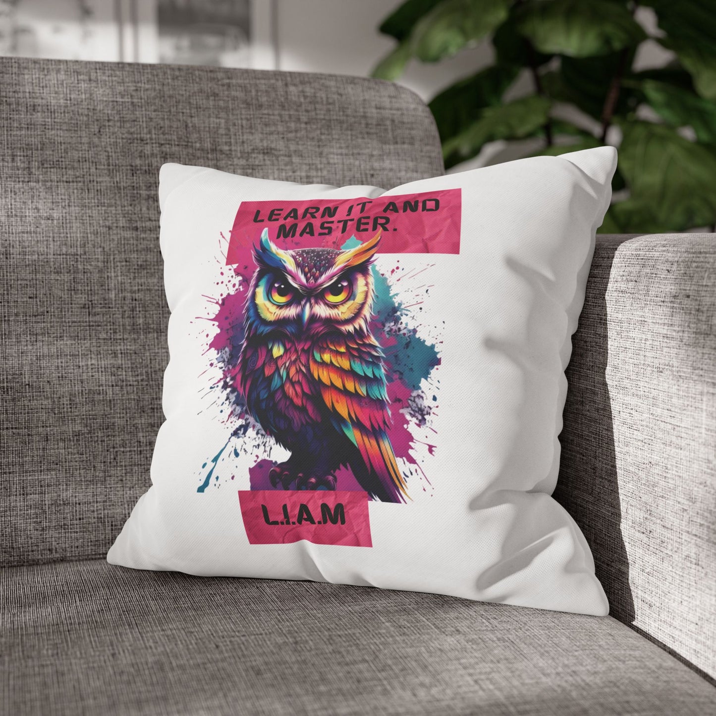 Personalized Initial Quote Owl — Custom Sayings on Square Poly Canvas Pillowcase
