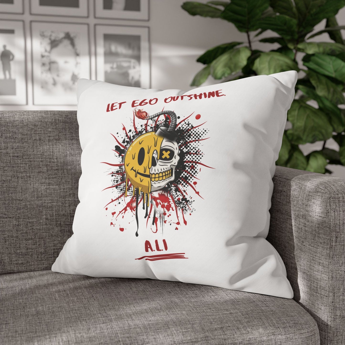 Personalized Initial Quote Smile Split Skull — Custom Sayings on Square Poly Canvas Pillowcase