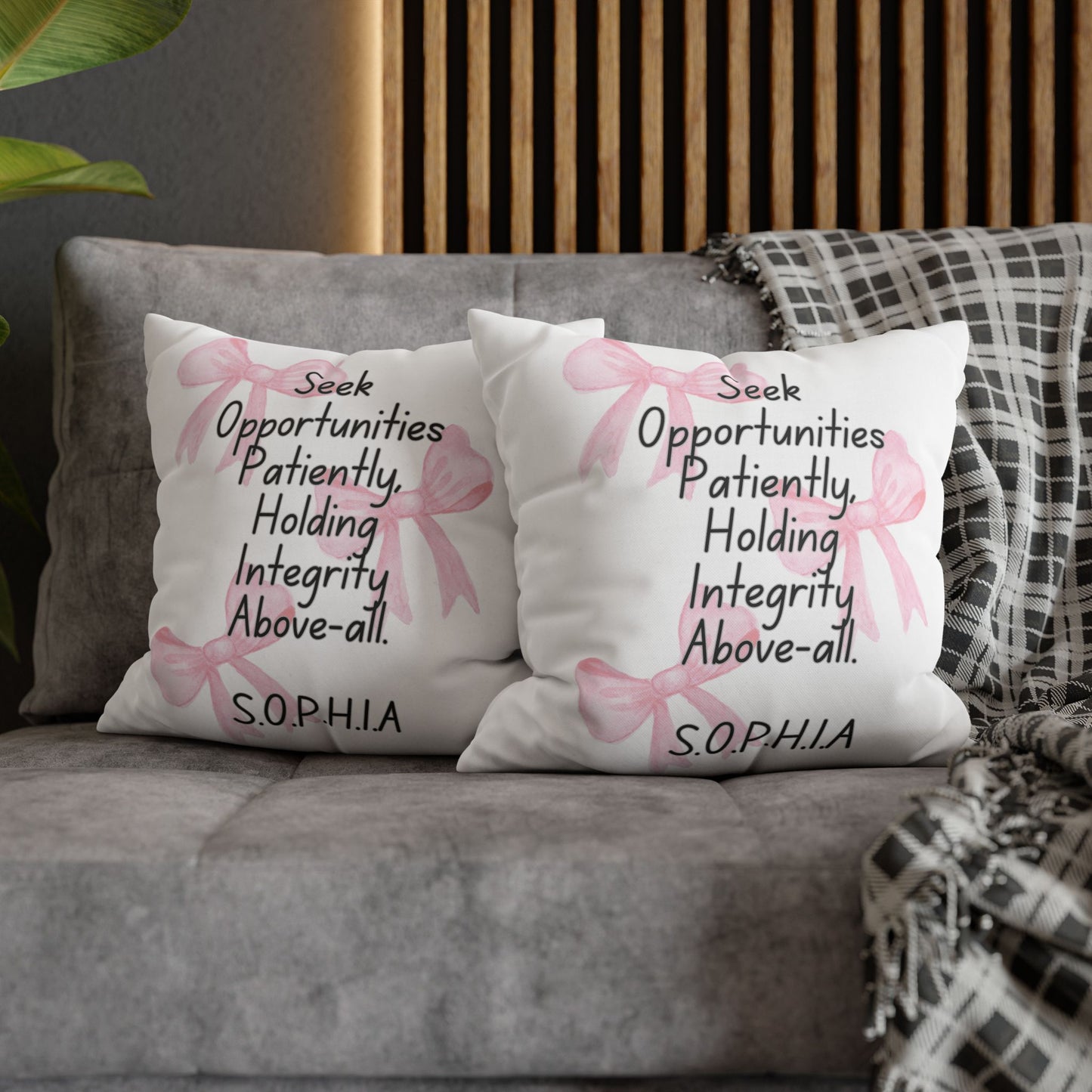 Personalized Initial Quote Pink Bow — Custom Sayings on Square Poly Canvas Pillowcase