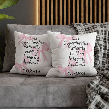 Personalized Initial Quote Pink Bow — Custom Sayings on Square Poly Canvas Pillowcase