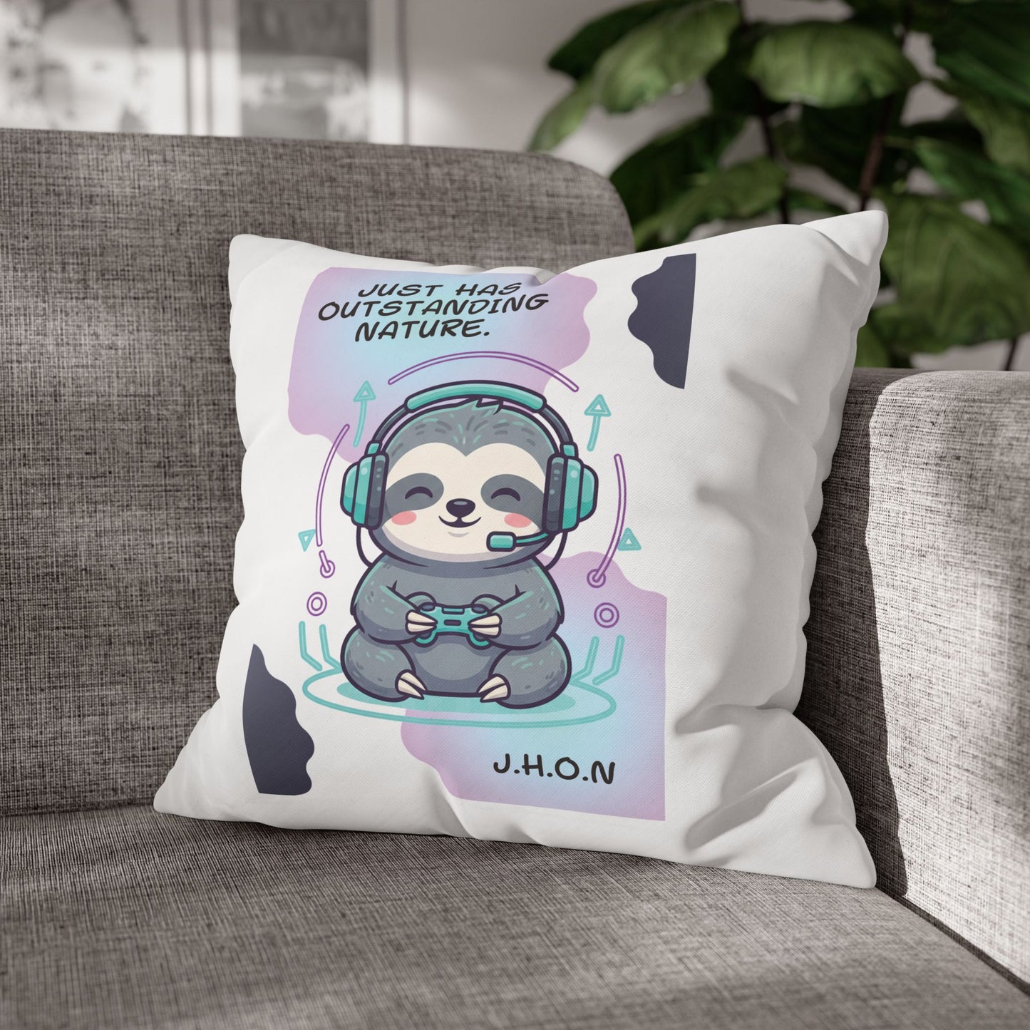 Personalized Initial Quote Sloth Gamer — Custom Sayings on Square Poly Canvas Pillowcase