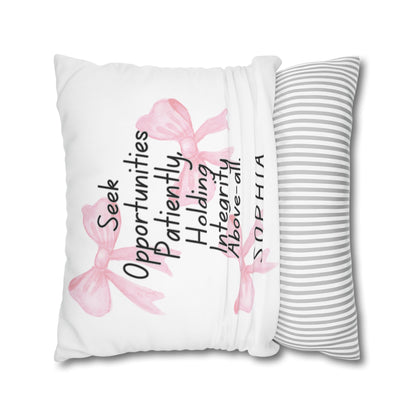 Personalized Initial Quote Pink Bow — Custom Sayings on Square Poly Canvas Pillowcase