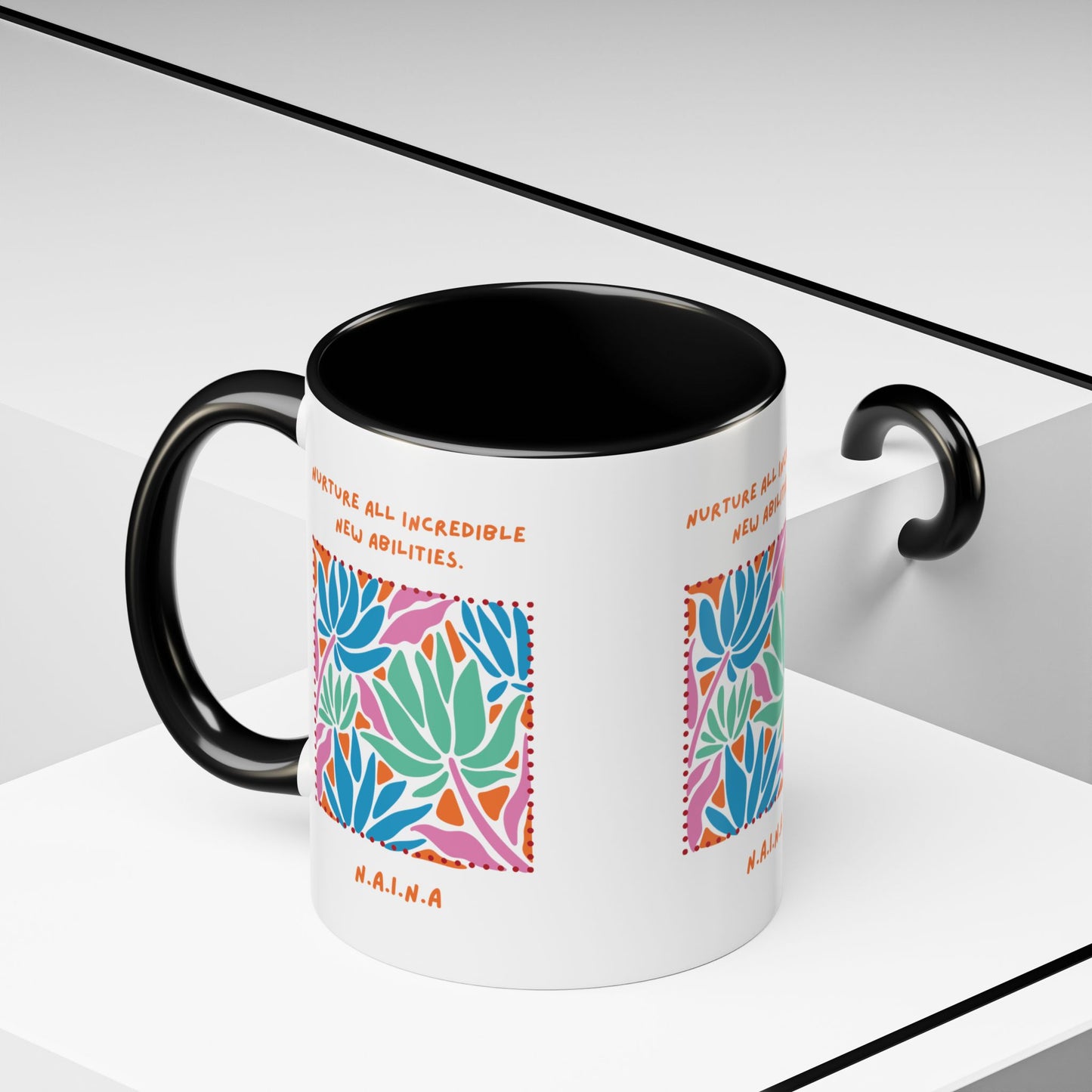 Custom acrostic name mug available in 11oz and 15oz. Features personalized name meaning art and power quotes on premium, dishwasher-safe ceramic. Perfect for office decor and meaningful gifts.