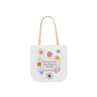 Aesthetic canvas tote bag with custom acrostic name art. Durable, eco-friendly reusable cotton bag featuring a personalized initial quote and minimalist design for sustainable everyday fashion.